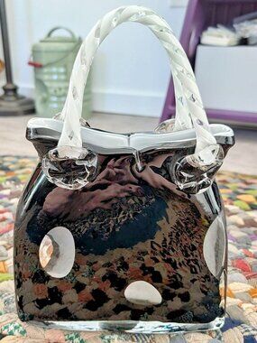 Murano Glass Black & white polka dot purse vase with bow detail #polkadot #glass